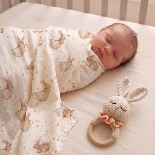 Tavşan ve Cup Desenli Müslin Bebek Örtüsü - Mini Lapin